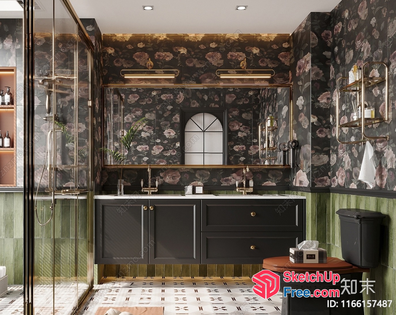 Modern Bathroom With Floral Patterns And Elegant Fixtures 3D SketchUp File