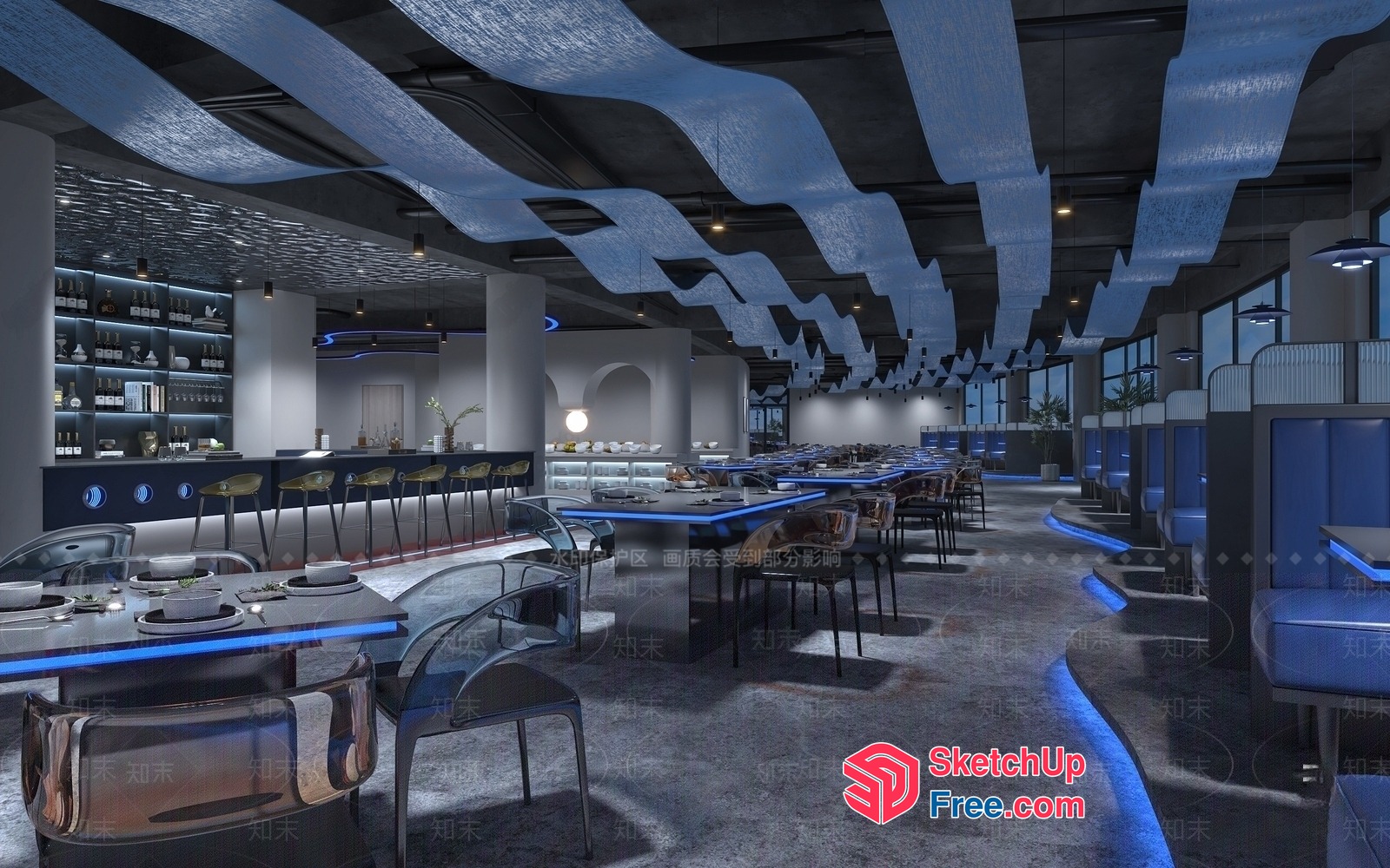 Modern Industrial Restaurant Interior With Blue Accents 3D SketchUp File