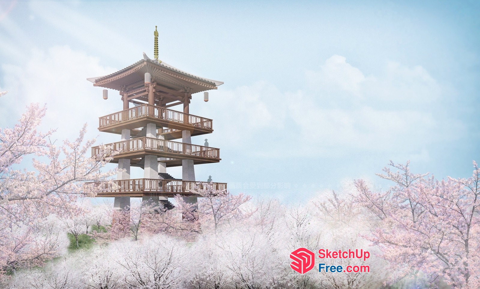 Japanese Style Temple With Cherry Blossom Trees 3D SketchUp File
