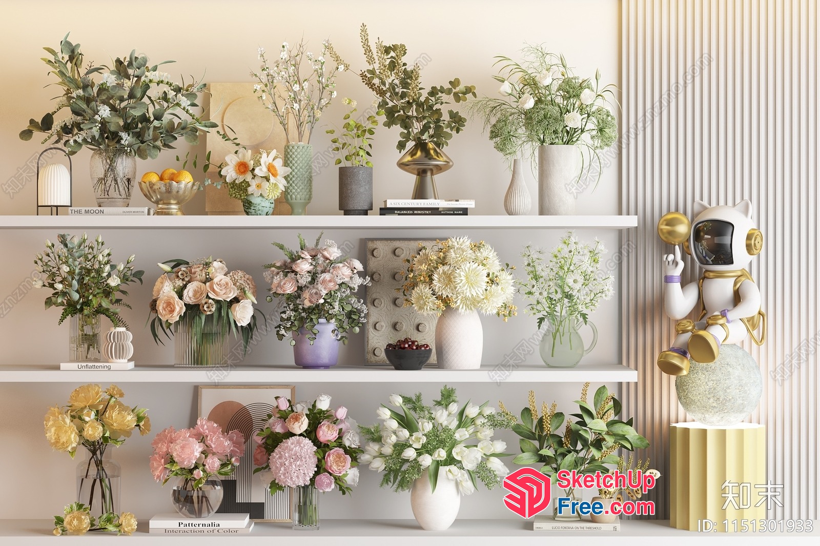 Elegant Decorative Shelf With Various Flowers And Vases 3D SketchUp File