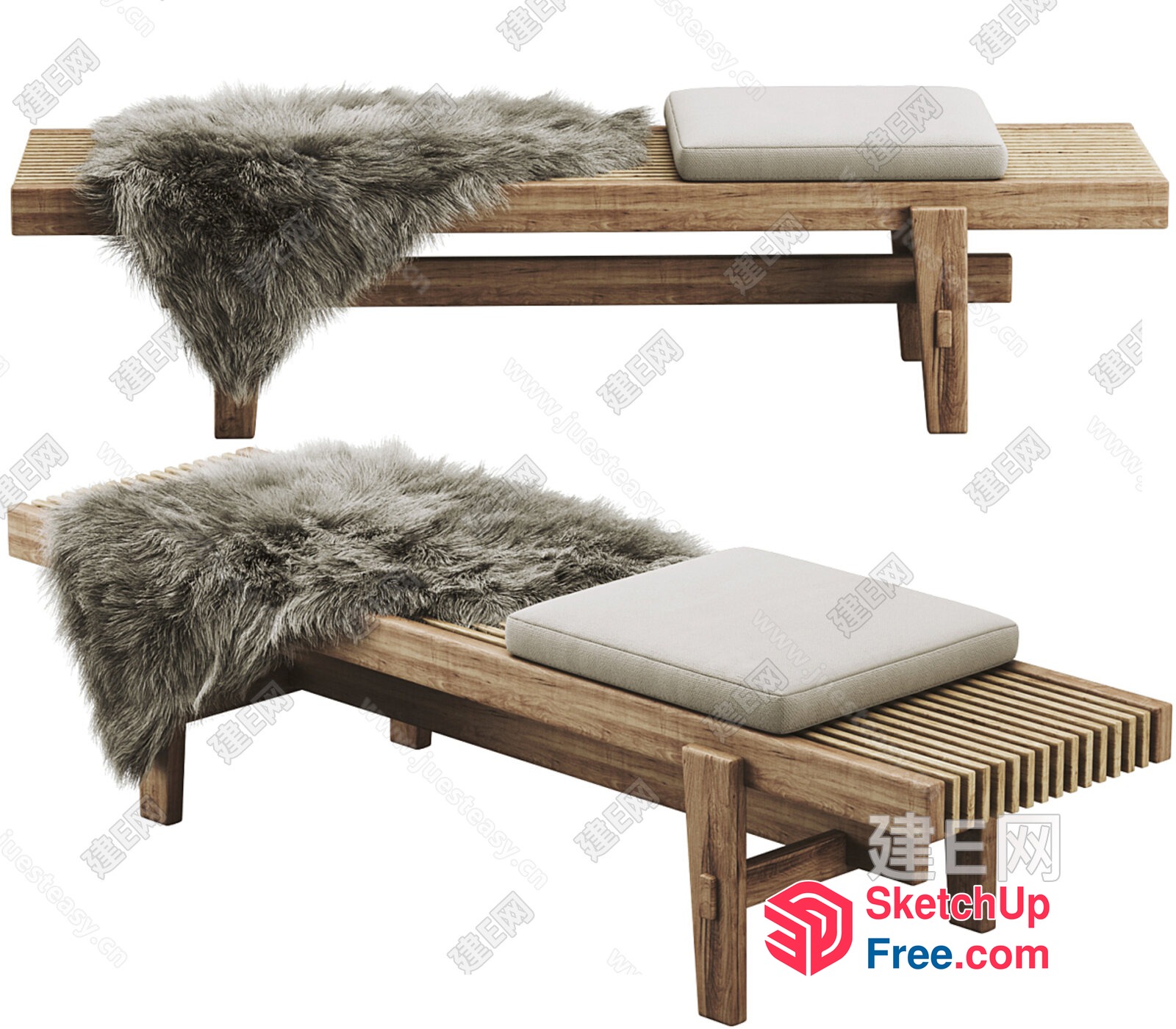 Modern Wooden Bench With Fur Rug And Cushion 3D SketchUp File