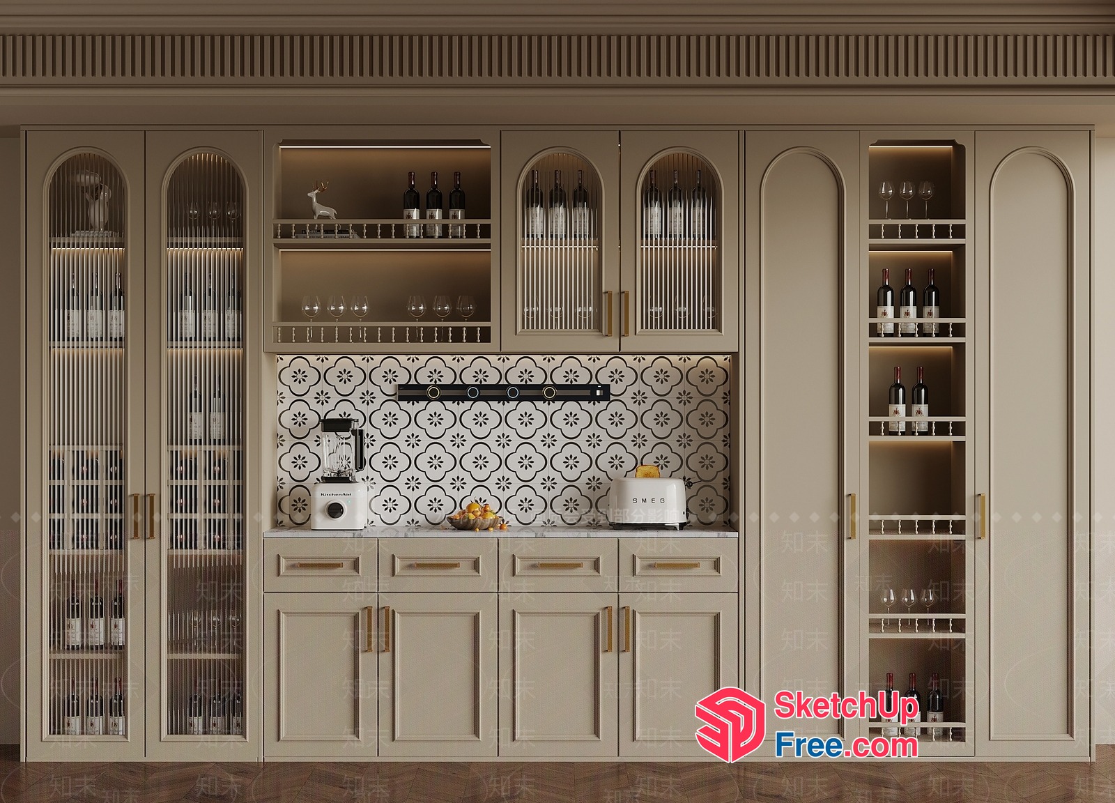 Luxurious Creamy-Style Kitchen Cabinet With Elegant Storage 3D SketchUp File