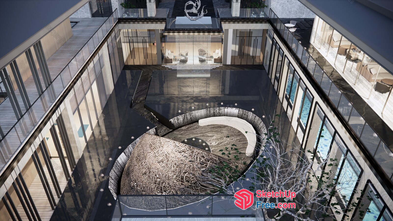 Modern Glass Atrium With Staircase And Plant Decor 3D SketchUp File