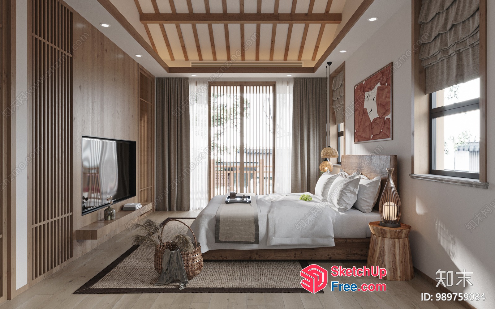 Modern Minimalist Japanese Style Bedroom With Balcony View 3D SketchUp File