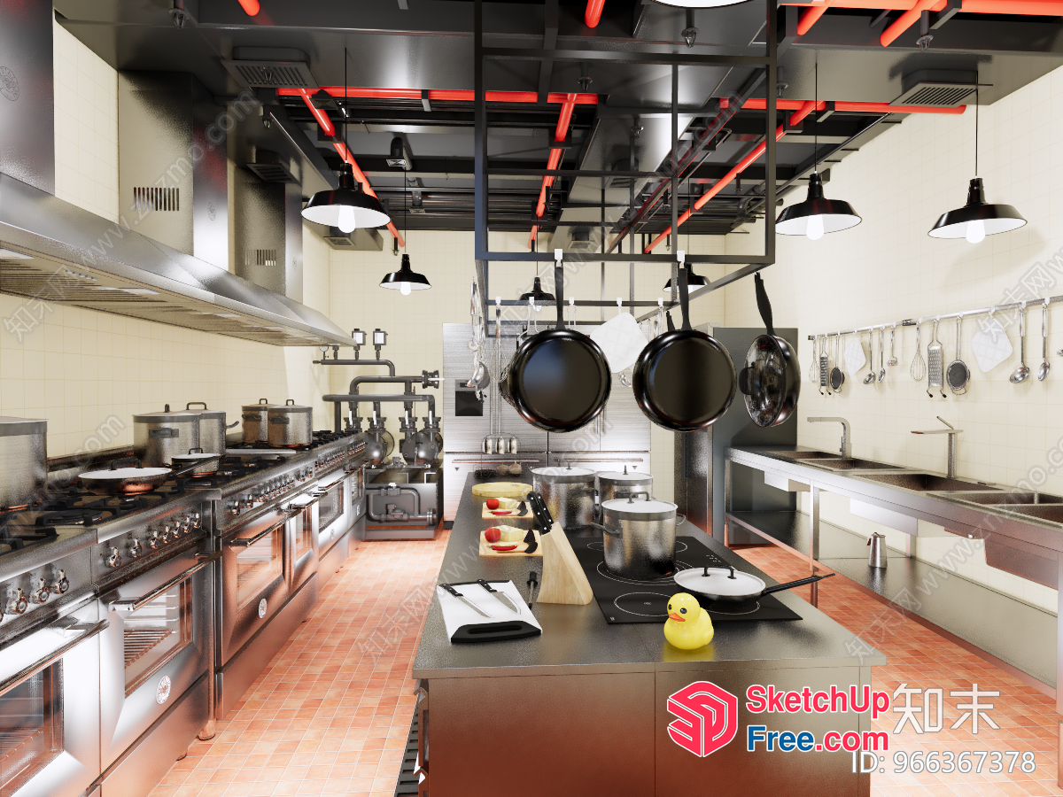 Modern Industrial Kitchen Design With Sleek Appliances And Hanging Pots 3D SketchUp File