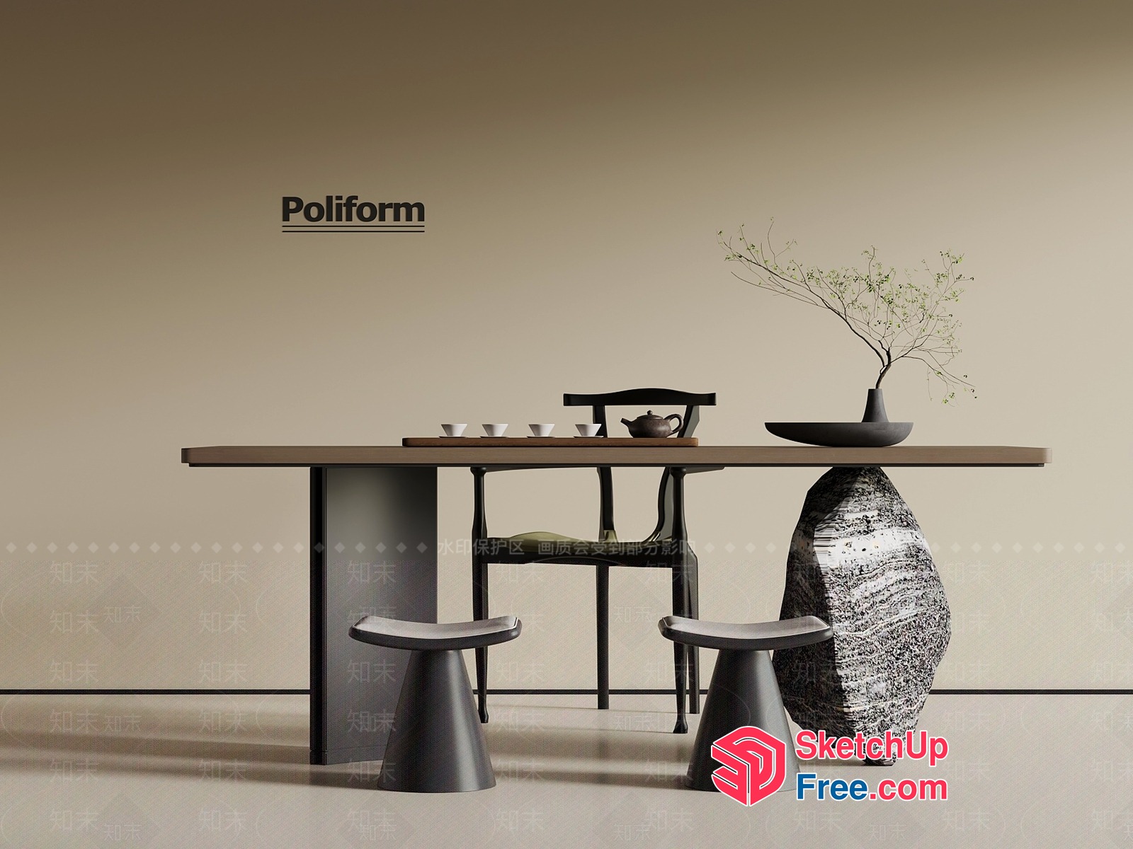 Minimalist Japanese Style Dining Table Set 3D SketchUp File