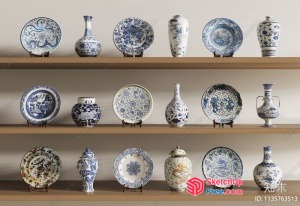 Decorative Blue And White Porcelain Collection On Wooden Shelves 3D SketchUp File