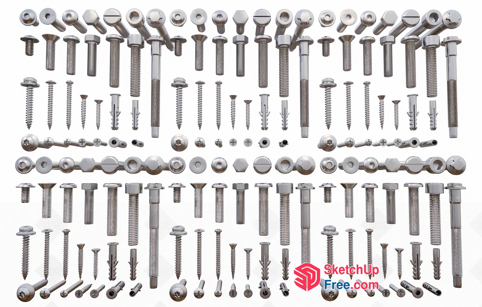 Various Types Of Silver Metal Screws And Bolts 3D SketchUp File