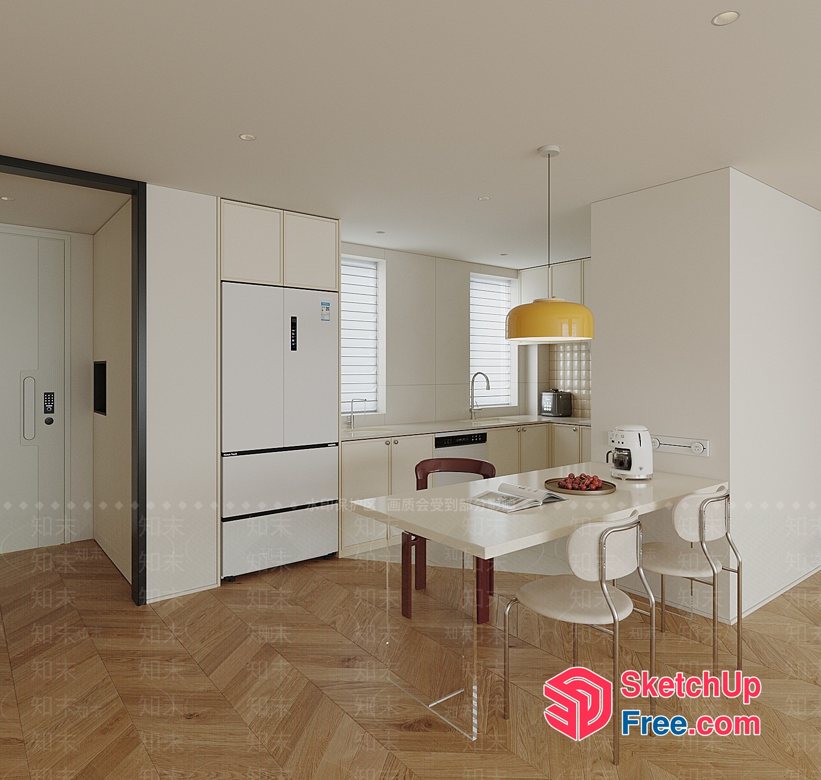Minimalist White Kitchen With Yellow Pendant Light 3D SketchUp File
