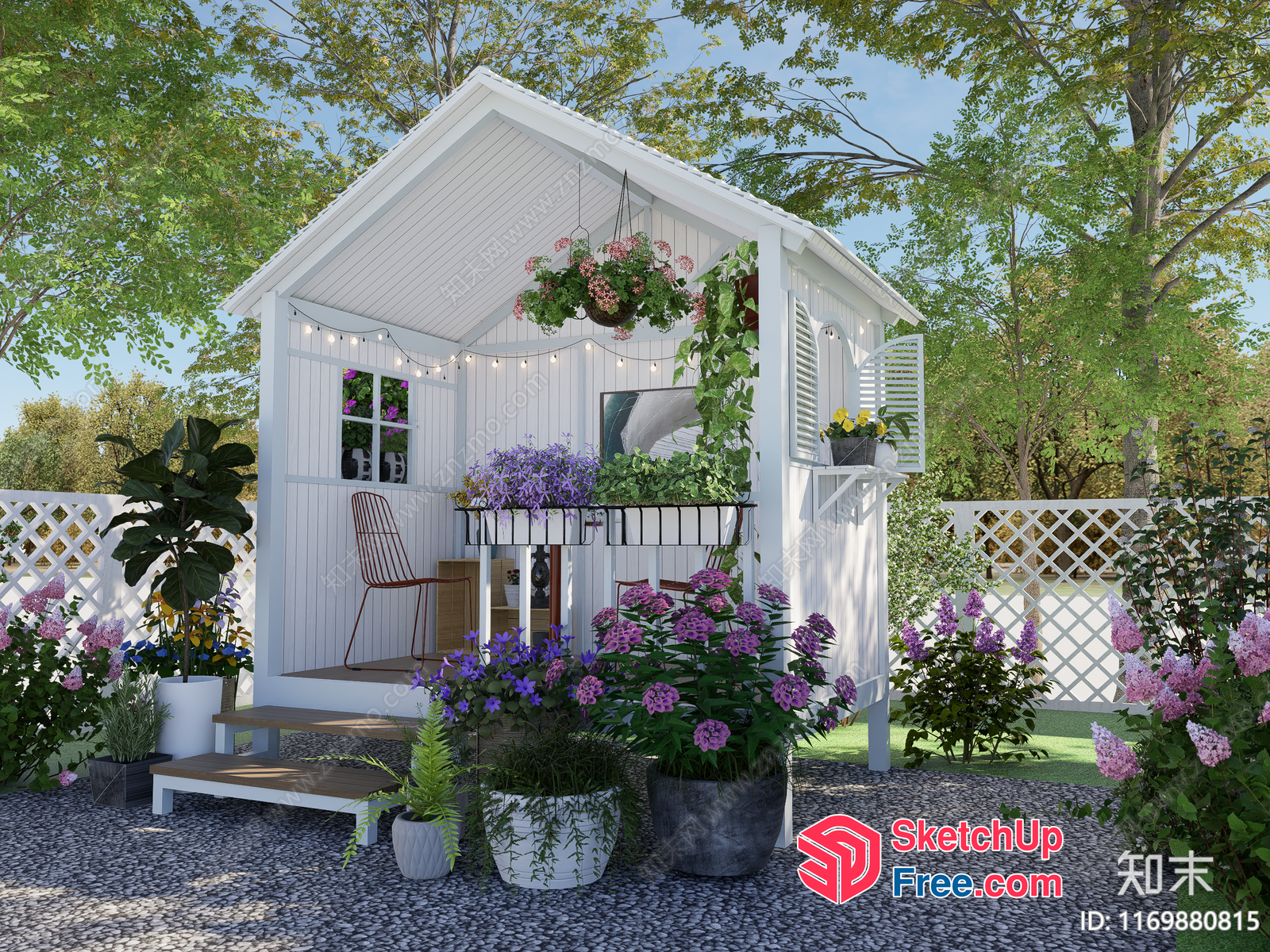 Beautiful White Garden Shed With Potted Plants And Flowers 3D SketchUp File