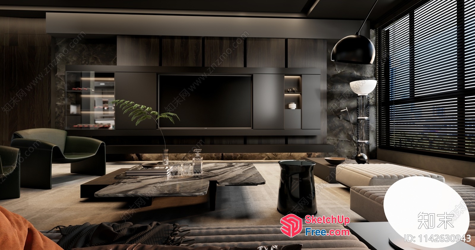 Modern Dark And Moody Living Room With Unique Furniture Pieces 3D SketchUp File