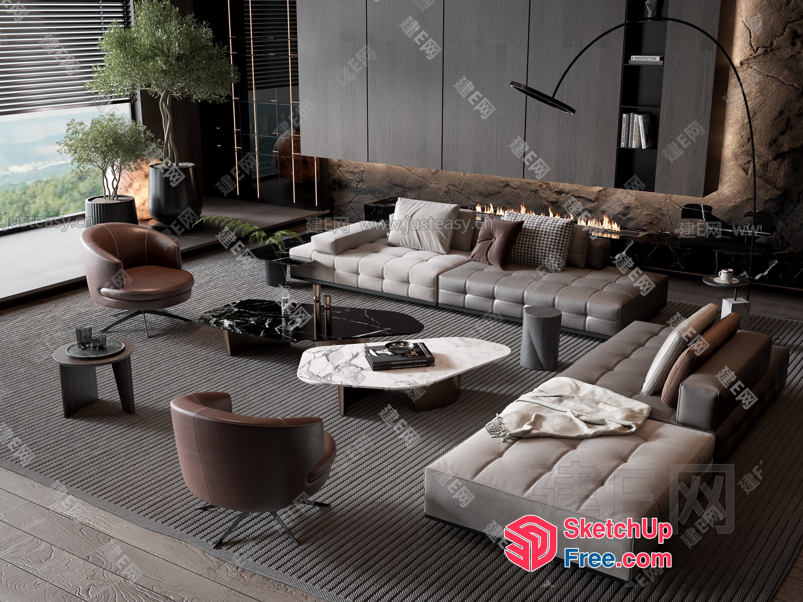 Modern Living Room With Fireplace And Large Windows 3D SketchUp File