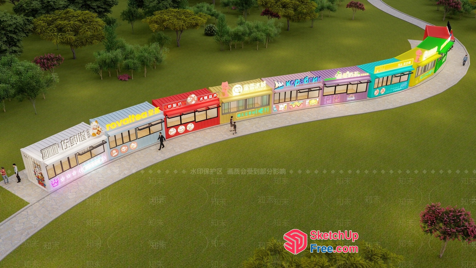 Colorful Food Truck Row 3D SketchUp File