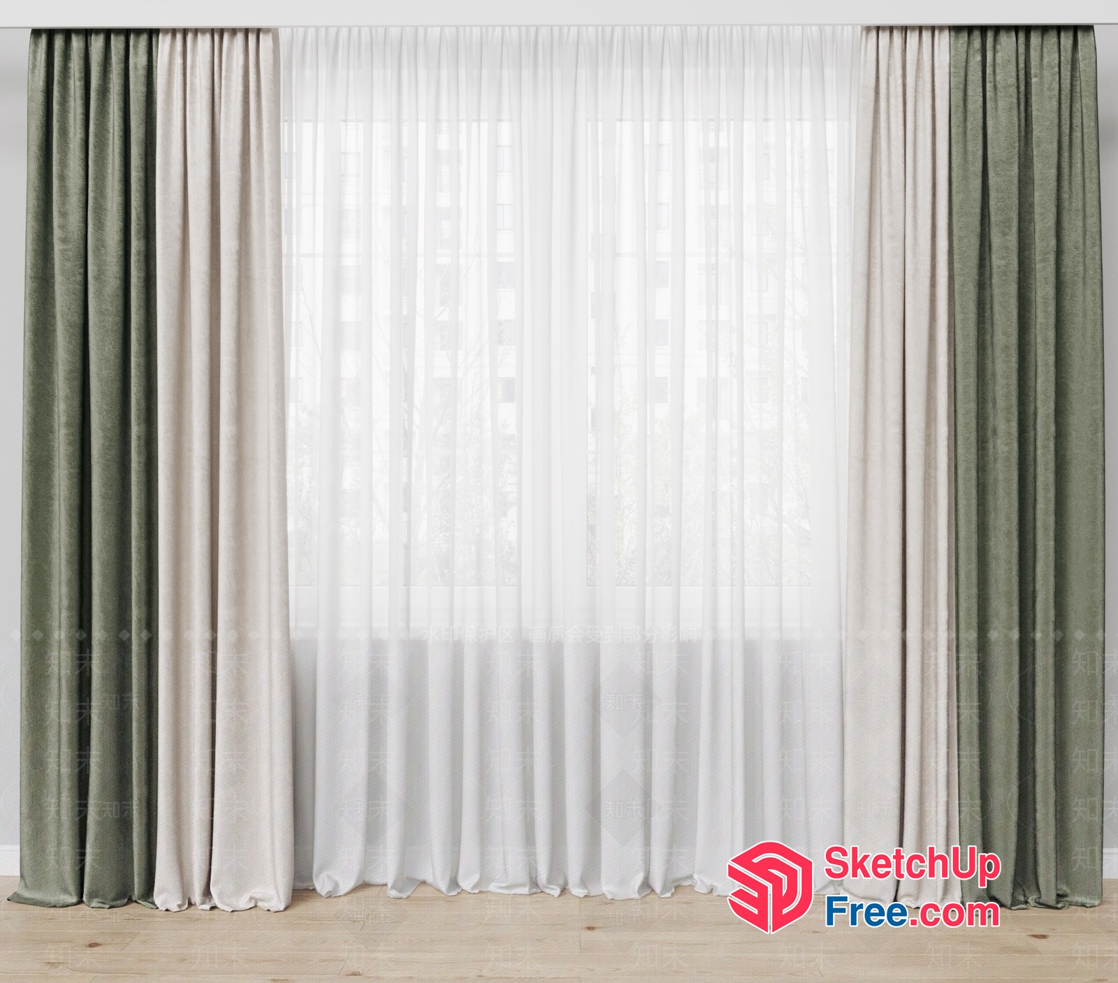 Elegant Sheer Curtain And Green Velvet Drapes 3D SketchUp File