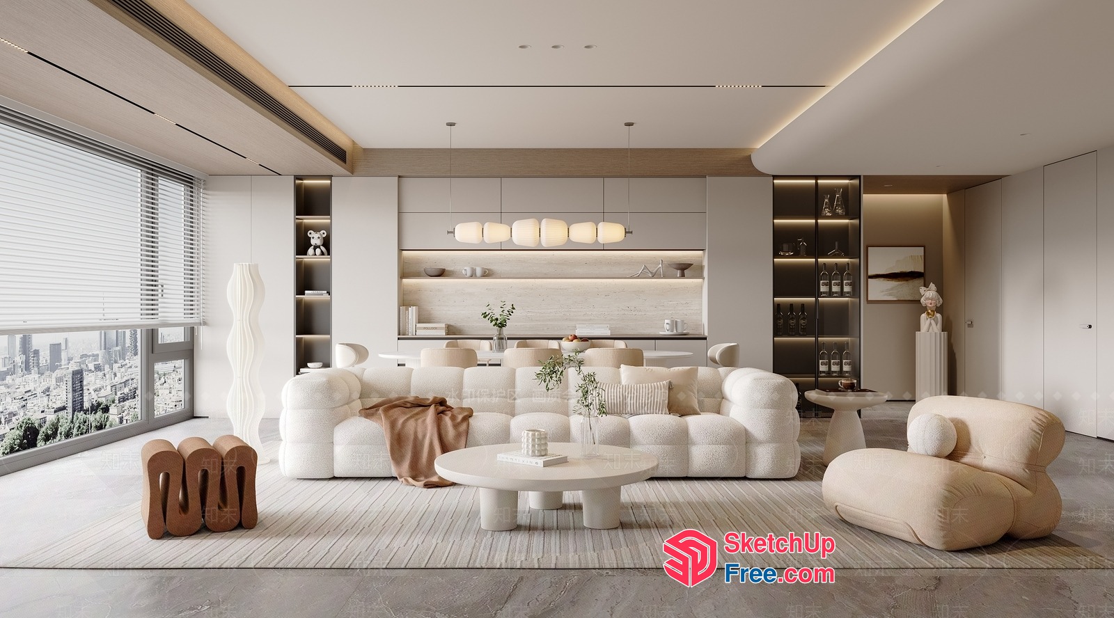 Modern Minimalist Living Room With Creamy Style Sofa 3D SketchUp File
