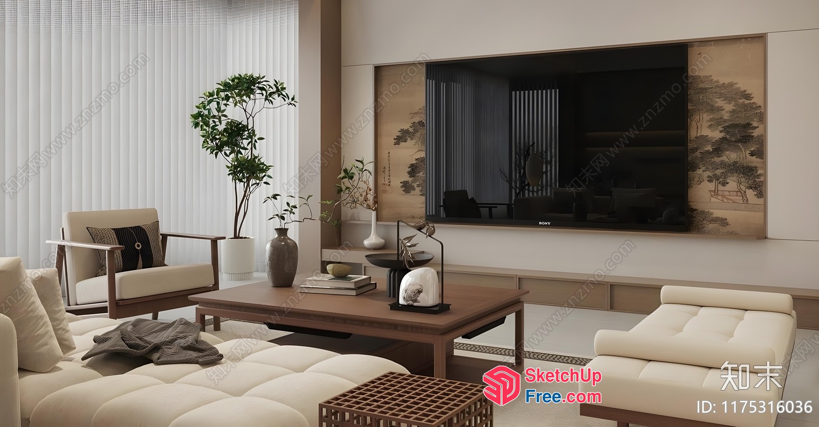 Elegant Living Room With Japanese Decor And Modern Furniture 3D SketchUp File