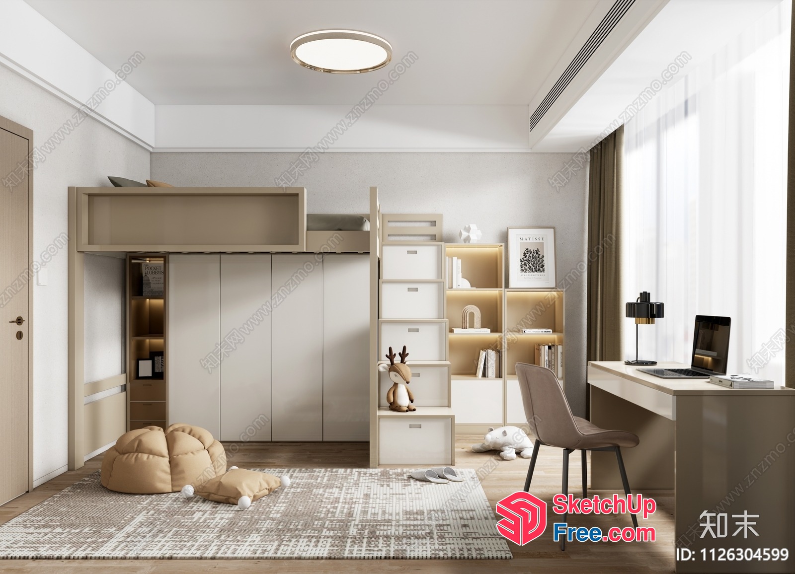 Modern Minimalist White And Beige Kids' Bedroom 3D SketchUp File