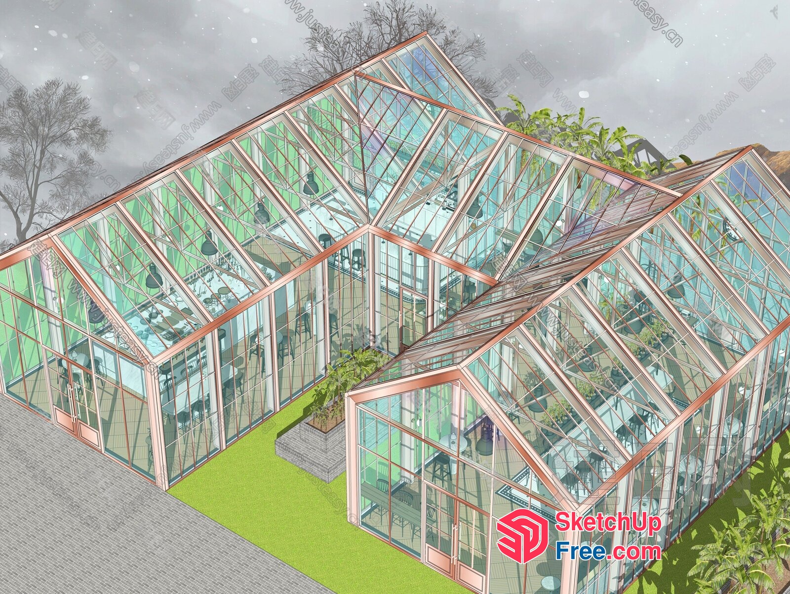 Modern Glass Greenhouse Office Building 3D SketchUp File