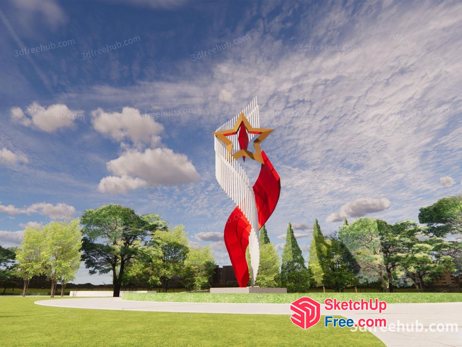 Modern Red And White Sculpture With Gold Star 3D SketchUp File