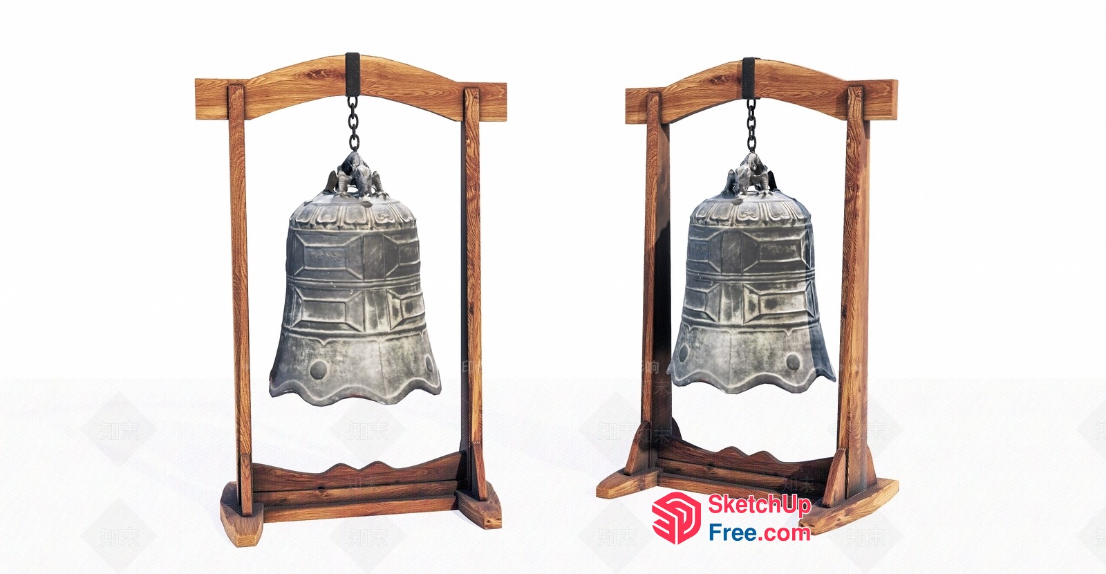 Two Large Ornate Bells On Wooden Frames 3D SketchUp File