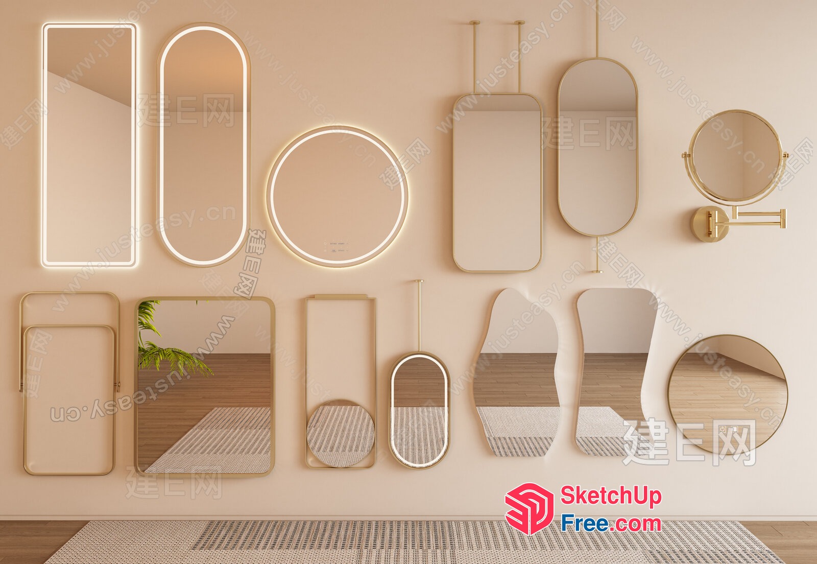 Modern Wall Decorations Of Mirrors And Lighting 3D SketchUp File