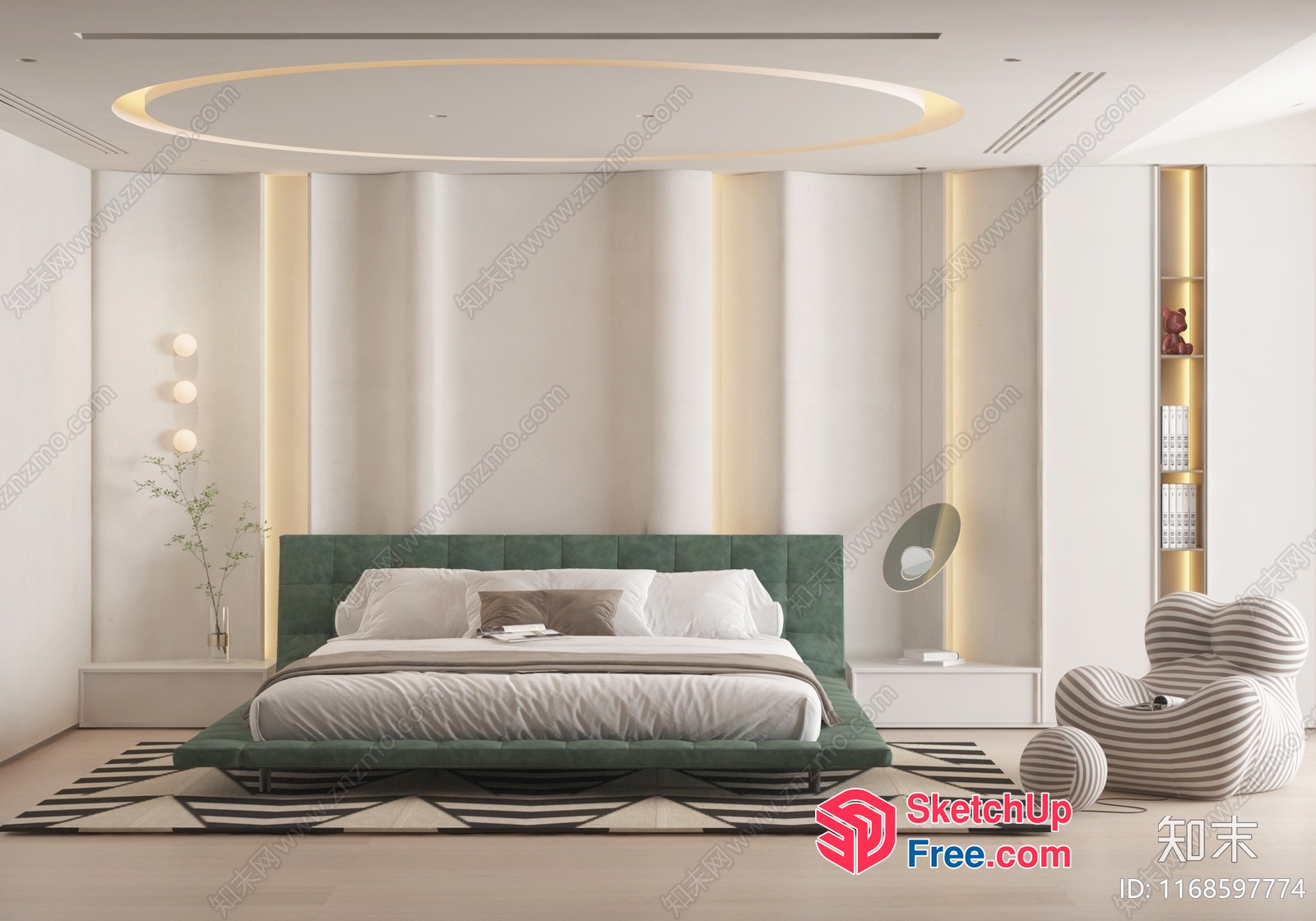 Modern Minimalist Bedroom With Circular Ceiling Light 3D SketchUp File