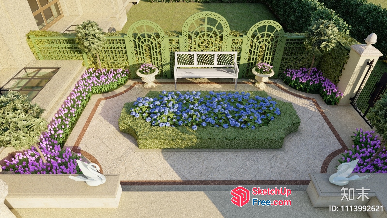 Elegant French Style Garden With White Bench And Flowers 3D SketchUp File