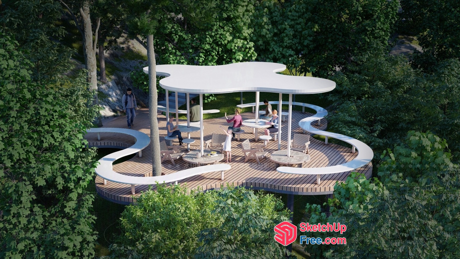 Serpentine Outdoor Seating Area With White Tables And Benches 3D SketchUp File