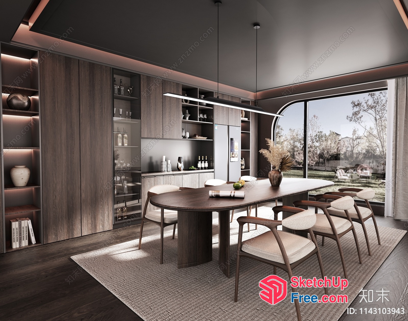 Modern Dining Room With Large Windows And Wood Furniture 3D SketchUp File