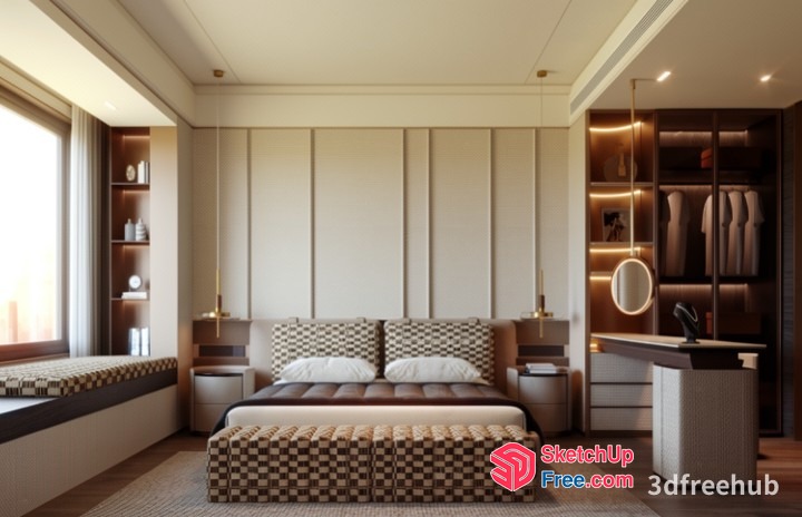 Modern Bedroom With A Checkered Bed And Built-In Wardrobe 3D SketchUp File