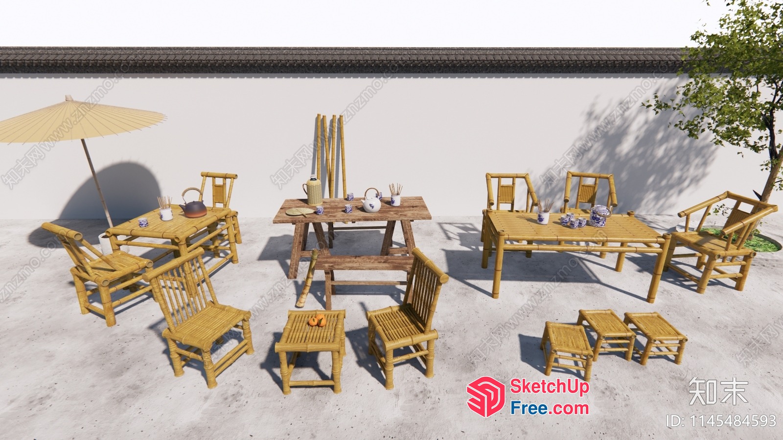 Outdoor Seating Area With Traditional Asian Furniture 3D SketchUp File