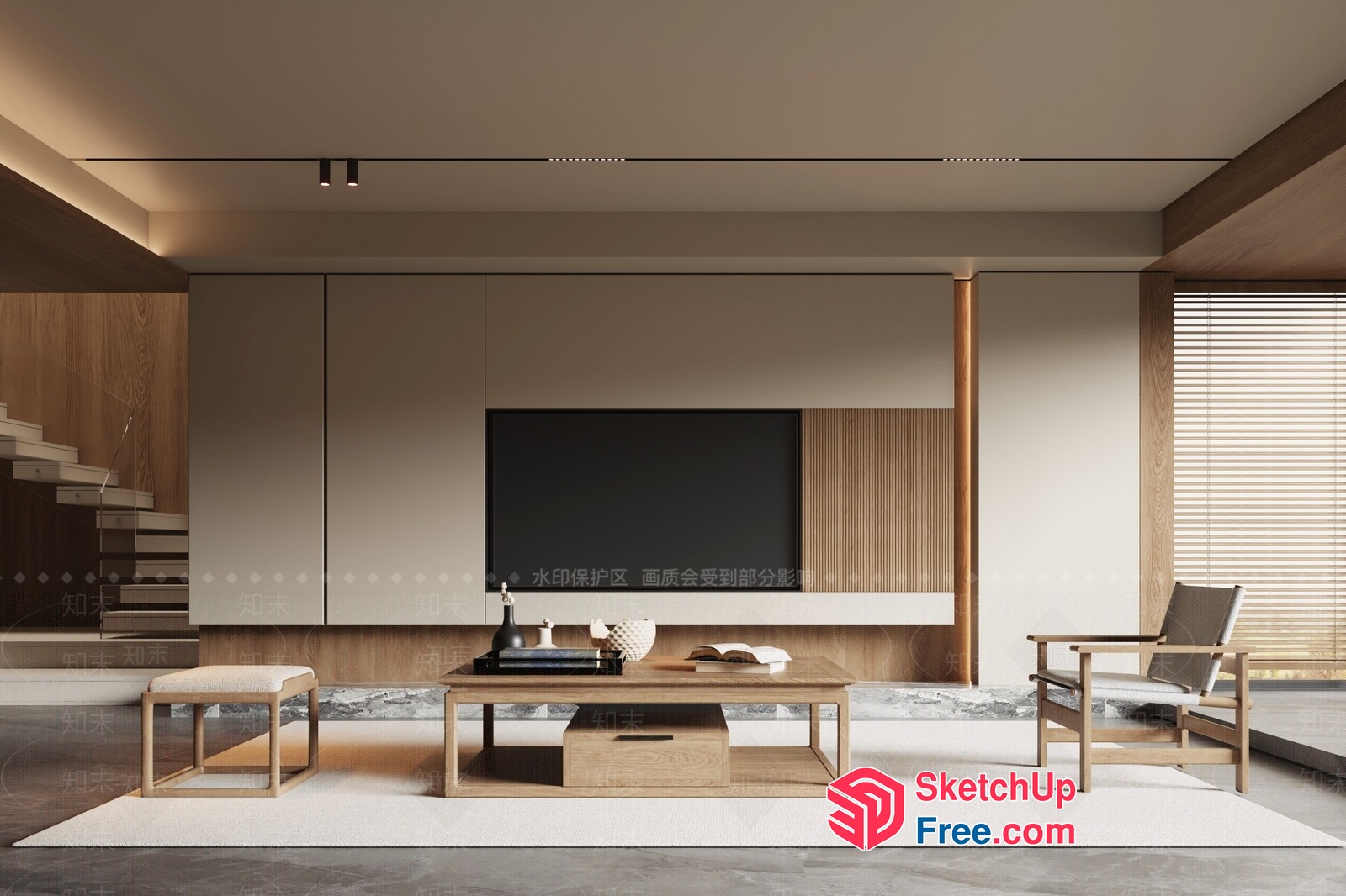 Modern Minimalist Living Room With Natural Wood Accents 3D SketchUp File