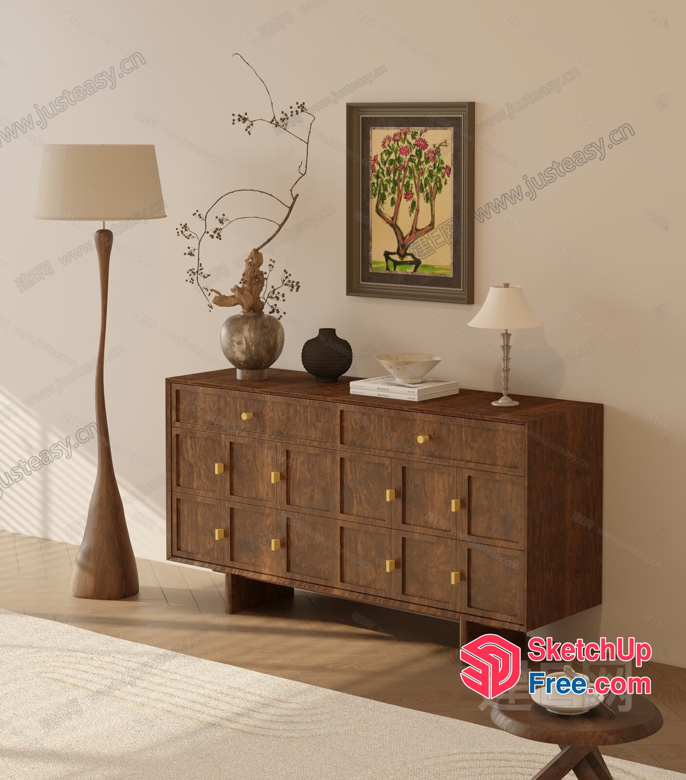 Modern Minimalist Wooden Dresser With Gold Knobs 3D SketchUp File