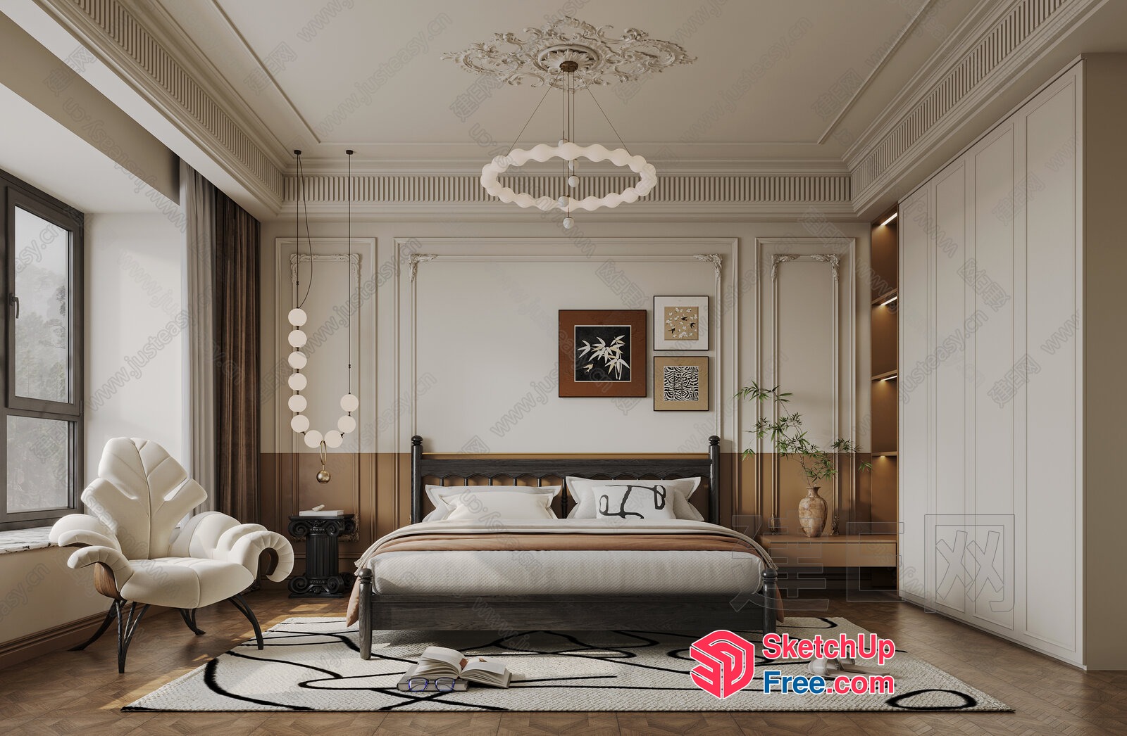 Elegant Creamy Style Bedroom Interior 3D SketchUp File
