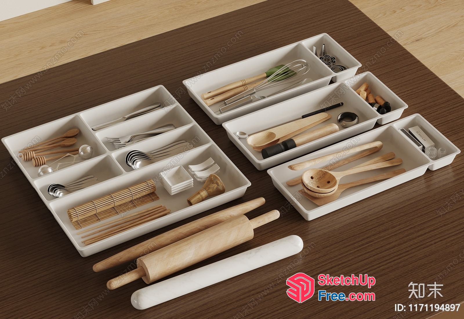 Utensils And Rolling Pins On Wooden Table 3D SketchUp File