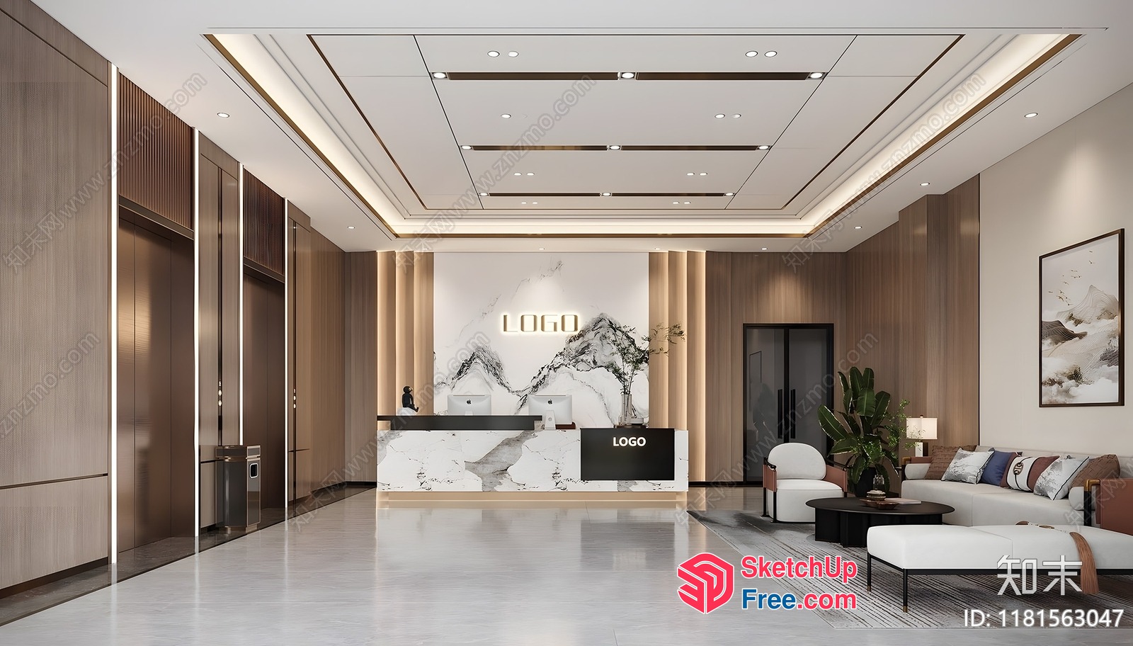 Modern Reception Area With Elevator And Marble Flooring 3D SketchUp File