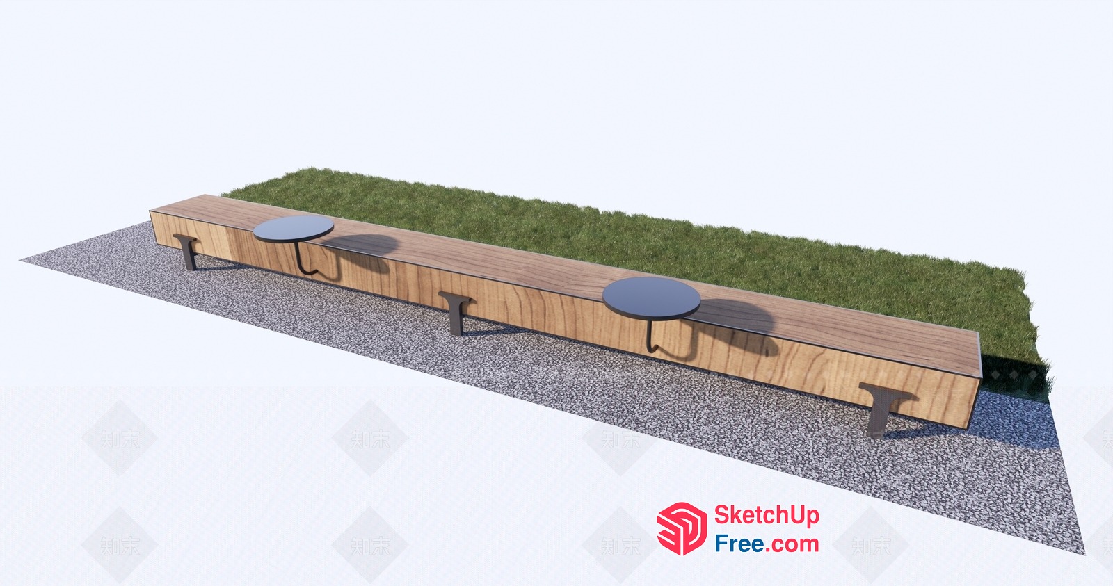 Long Wooden Bench With Two Circular Tables 3D SketchUp File