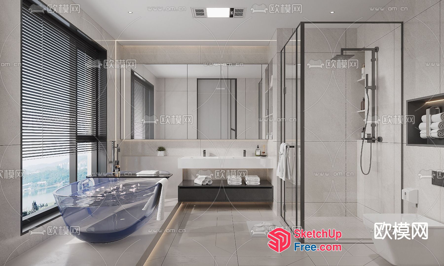 Modern Bathroom With A Large Window And Glass Shower 3D SketchUp File