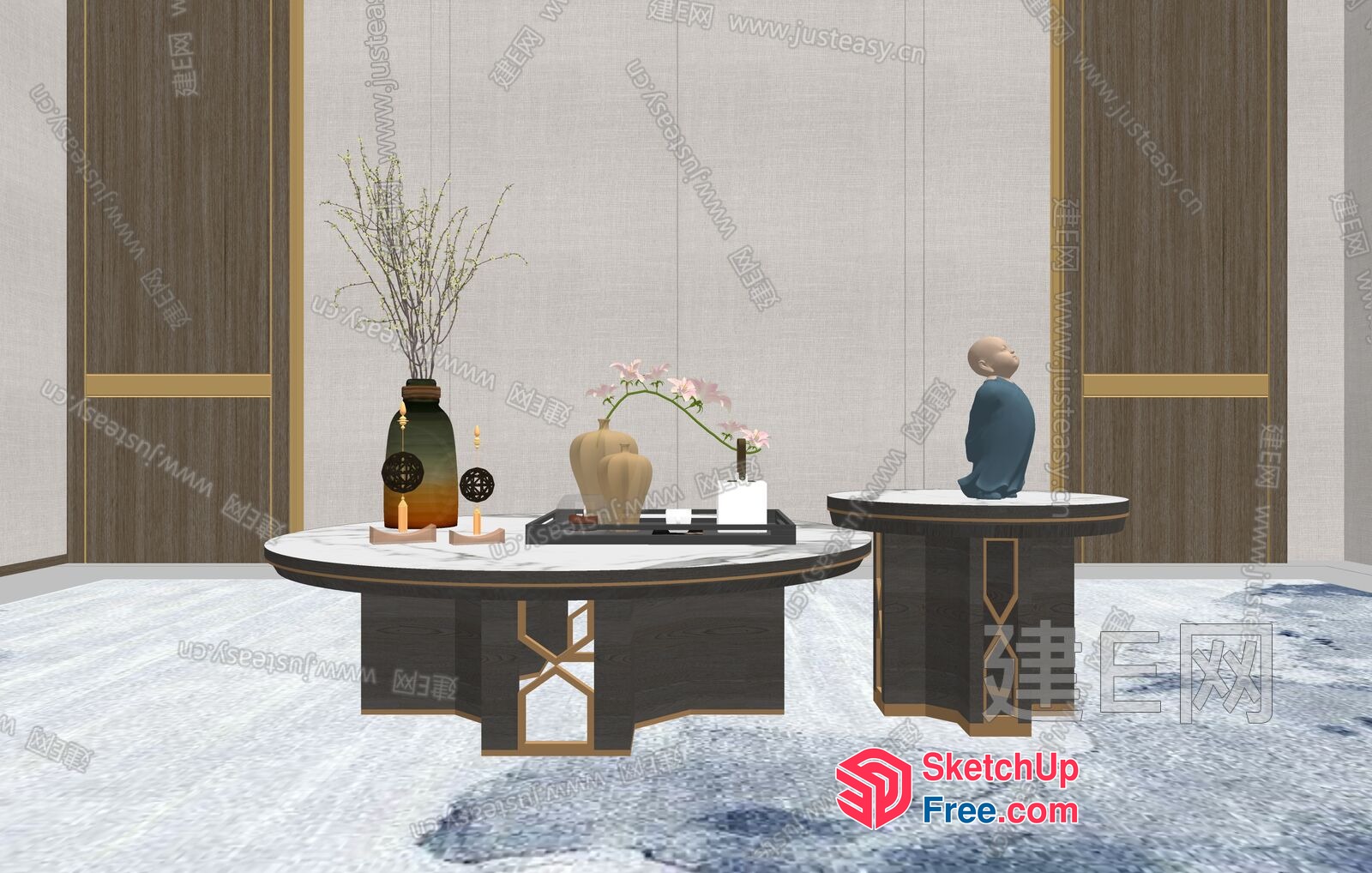 Asian-Inspired Decor With Marble Coffee Table And Stool 3D SketchUp File