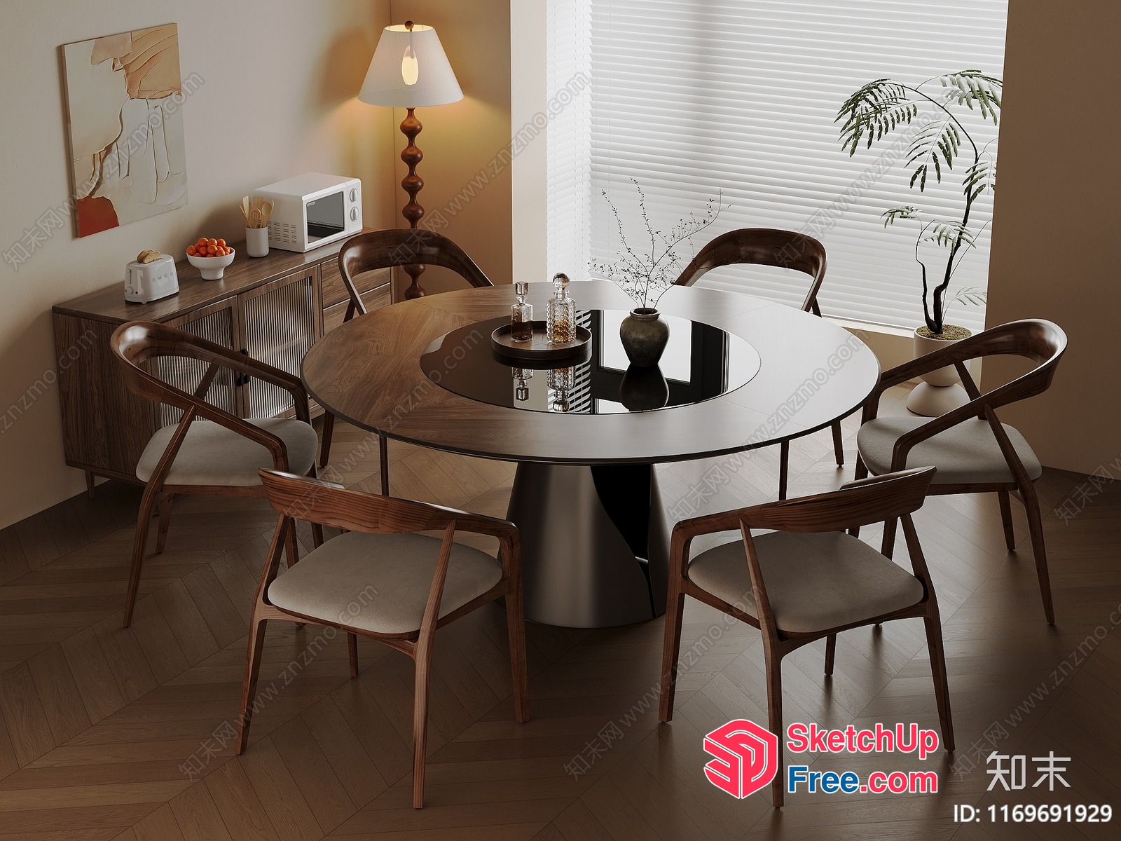 Modern Dining Room With Dark Wood Furniture And White Walls 3D SketchUp File