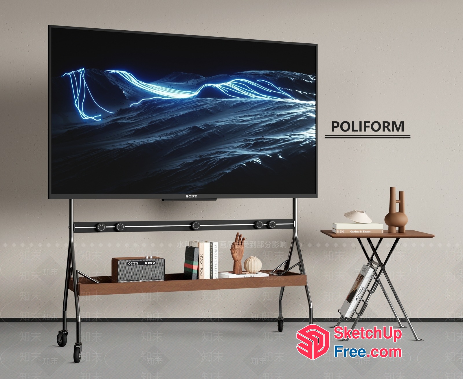 Modern Living Room Interior With Sony Tv And Decorative Shelf 3D SketchUp File