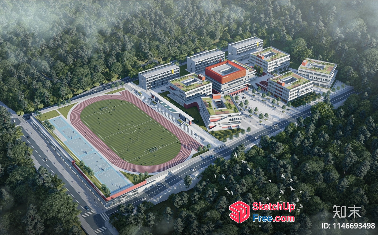Aerial View Of A Modern Sports Complex With A Mix Of Buildings And Facilities 3D SketchUp File