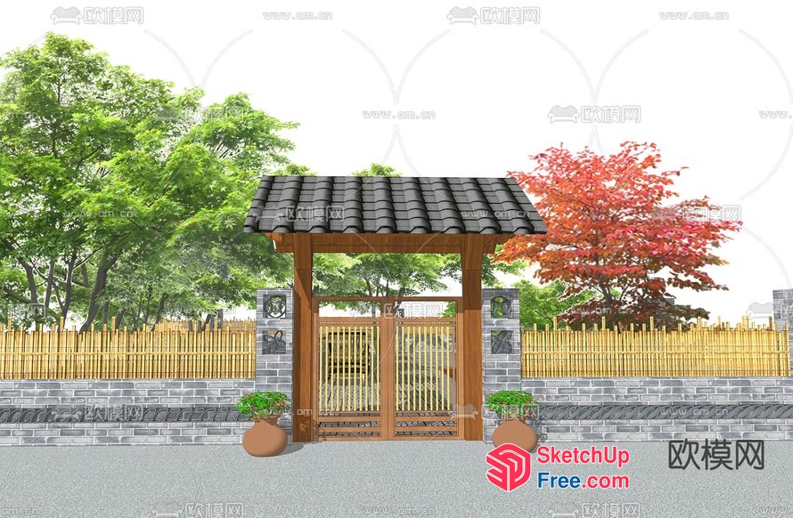 Asian-Inspired Entryway With Traditional Roof And Gate 3D SketchUp File