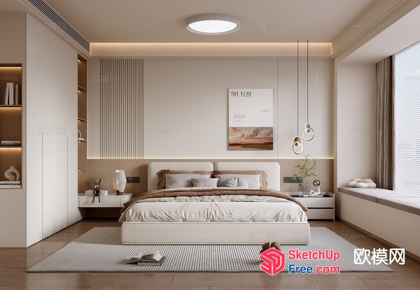 Modern Minimalist Creamy Style Bedroom Interior 3D SketchUp File