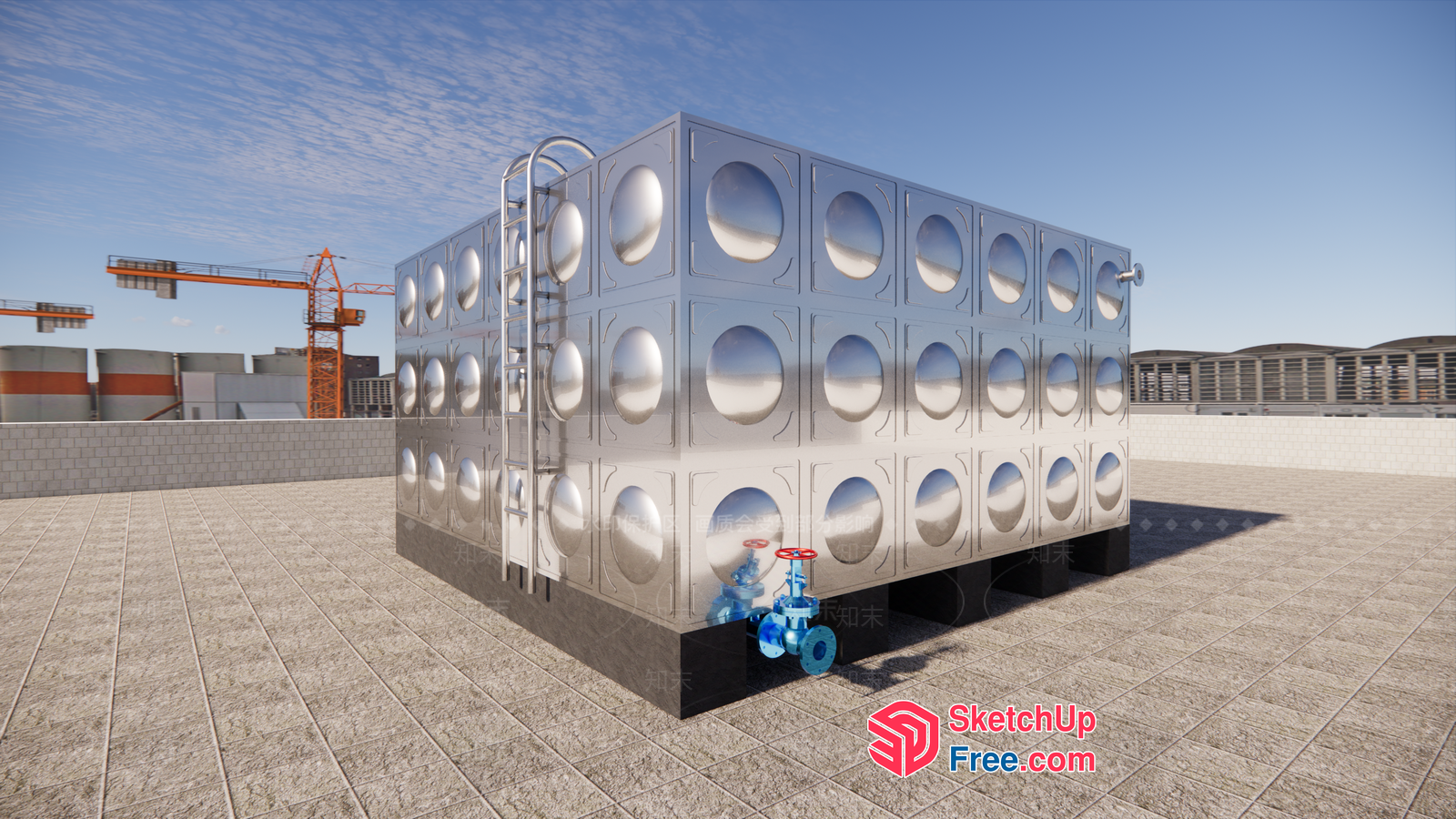 Large Metal Structure With Circular Cutouts And Blue Pipes 3D SketchUp File
