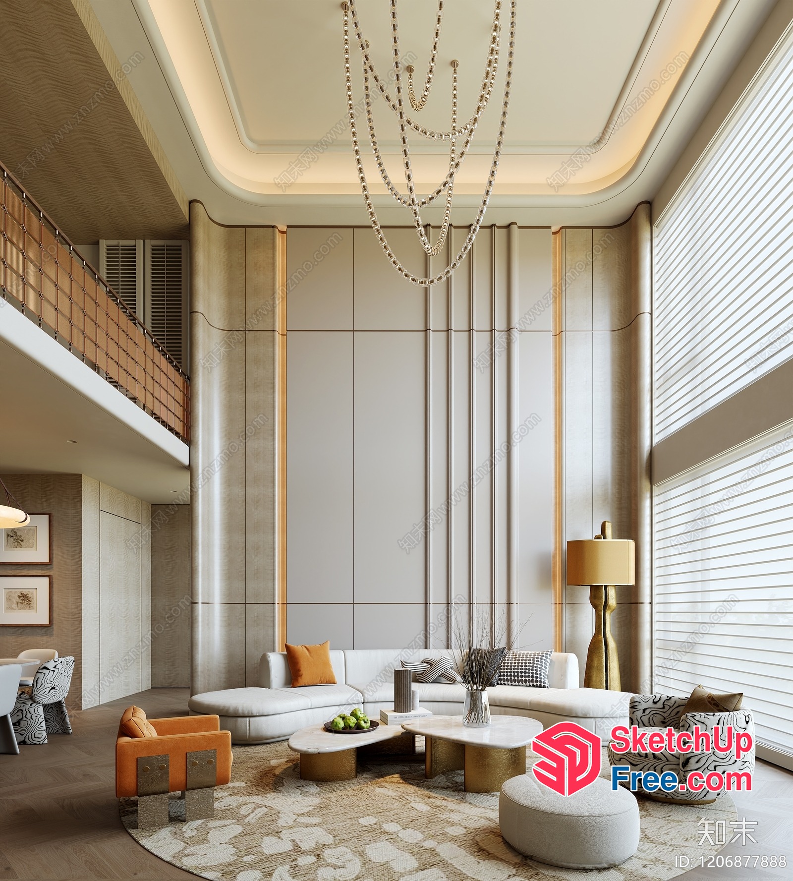 Elegant Living Room With High Ceiling And Pillars 3D SketchUp File