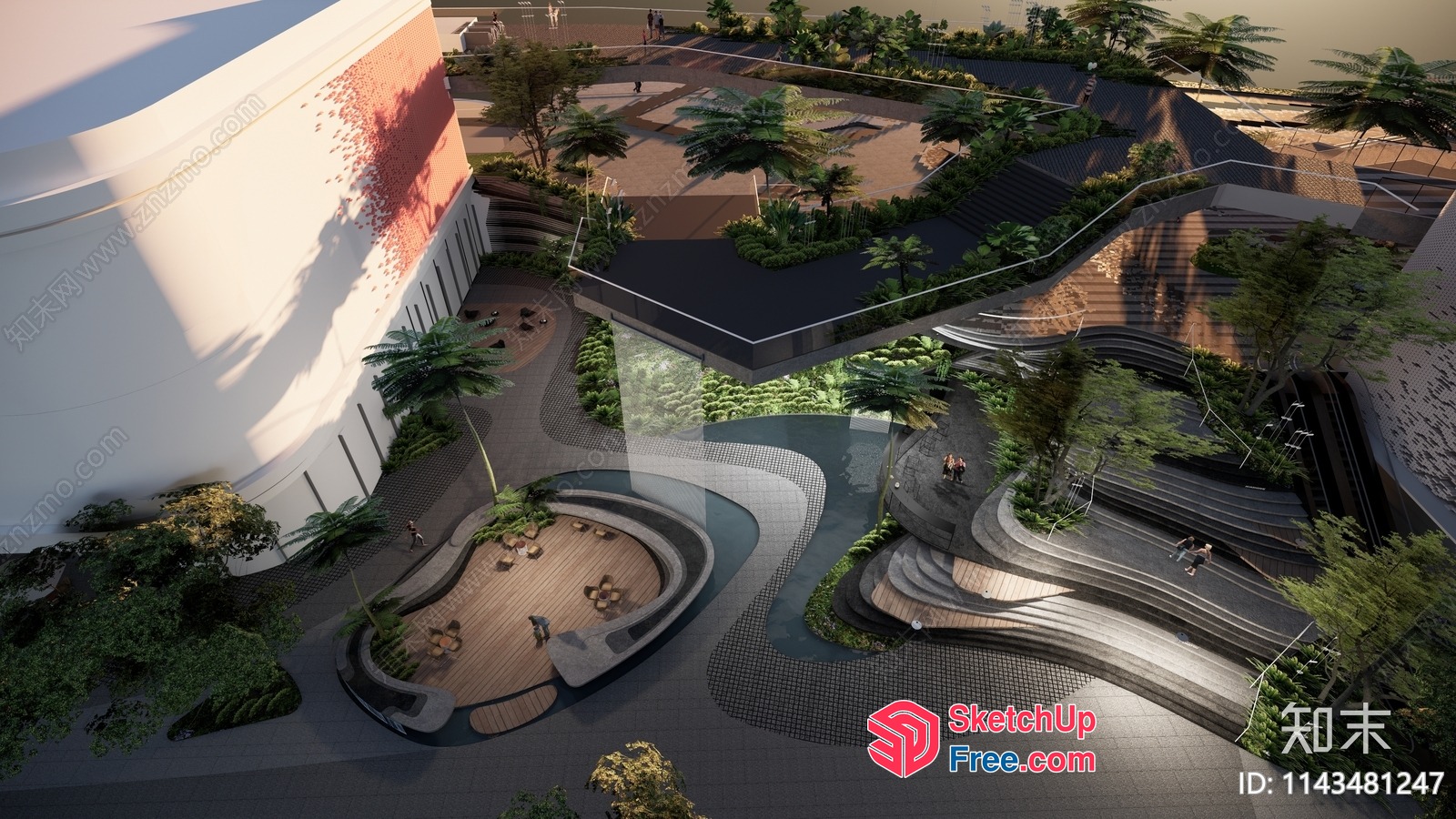 Modern Urban Park With Curved Staircases And Water Features 3D SketchUp File