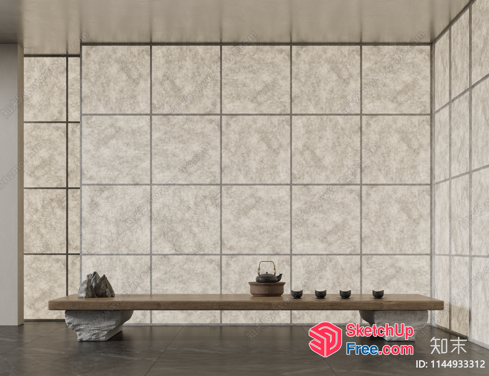 Elegant Japanese-Style Tea Room With Stone Wall And Wooden Bench 3D SketchUp File