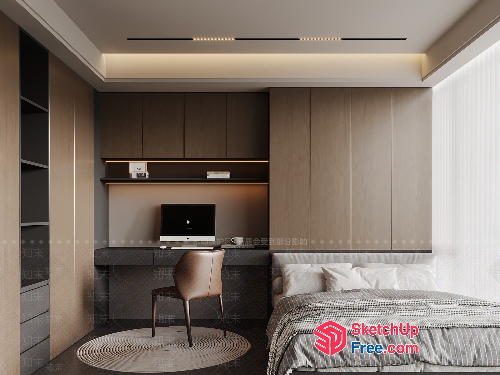 Modern Minimalist Bedroom With Built-In Wardrobe And Desk 3D SketchUp File