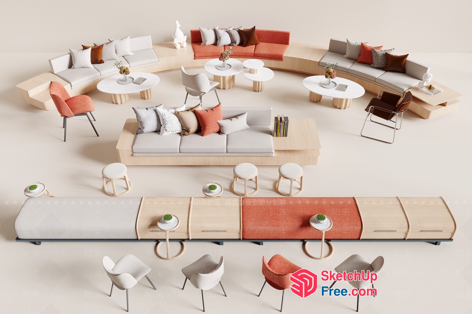 Modern Living Room Furniture Set With White And Orange Accents 3D SketchUp File